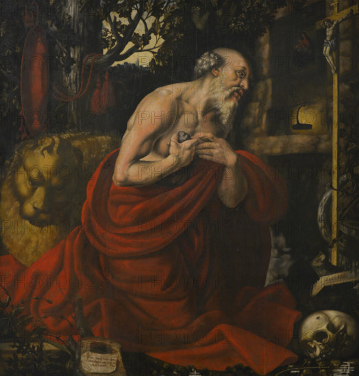 Saint Jerome (ca. 347-420). Father and Doctor of the Church. Penitent Saint Jerome. Painting attributed to Giovanni Secchi (Cremona, active during the first half of the 16th century). Oil on panel. Ala Ponzone Civic Museum, Cremona, Italy.