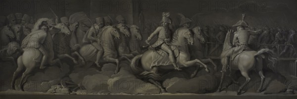 Napoleonic Wars. War of the First Coalition (1792-1797). Battle of Lodi (10 May 1796). It faced the army led by Napoleon Bonaparte against the coalition troops commanded by General Sebottendorf. Napoleon won a victory that allowed him to conquer the bridge of Lodi, on the banks of the Adda River. Napoleon Bonaparte at the Battle of Lodi. The scene depicts the Austrian retreat towards Mantua after General Beaulieu's attempt to block the French at Lodi. Tempera on paper applied to canvas (136,5 x 47 cm), by Andrea Appiani (1754-1817), ca. 1800-1801. Modern Art Gallery, Milan, Italy.