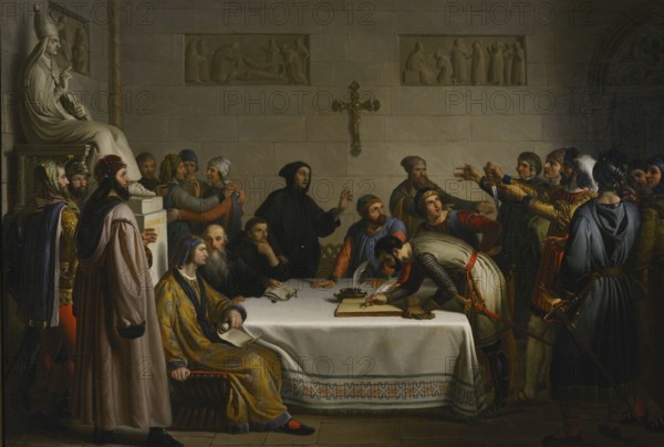 Giuseppe Diotti (1779-1846). Italian painter. The Oath of Pontida, 1836-1837. Painting that depicts the ceremony that would have taken place on 7 April 1167, in the abbey of Pontida, near Bergamo (Italy). The municipalities of Milan, Lodi, Ferrara, Parma and Piacenza allied militarily to fight against the Holy Roman Empire of Frederick I Barbarossa (1122-1190), which was the origin of the Lombard League. Oil on canvas. Gallery of Modern Art. Milan. Italy. (On loan, from Pinacoteca di Brera).