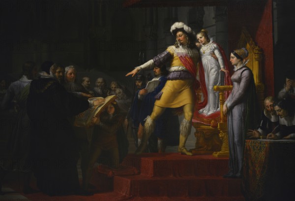 Pelagio Palagi (1775-1860). Italian painter. Before leaving for a Religious War, King Gustavus Adolphus of Sweden (1594-1632) assists the Oath of Allegiance of the Diet of Estates to his daughter Christina. Oil on canvas, 1824. Modern Art Gallery, Milan, Italy.