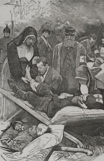 Franco-Prussian War (1870-1871). Prussian ambulances. Tending the wounded soldiers, September 1870. Engraving. ""Historia de la Guerra de Francia y Prusia"" (History of the War between France and Prussia). Volume I. Published in Barcelona, 1870.