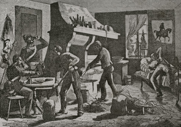 Franco-French War (1870-1871). Prussian soldiers housed in France. Engraving. ""Historia de la Guerra de Francia y Prusia"" (History of the War between France and Prussia). Volume I. Published in Barcelona, 1870.