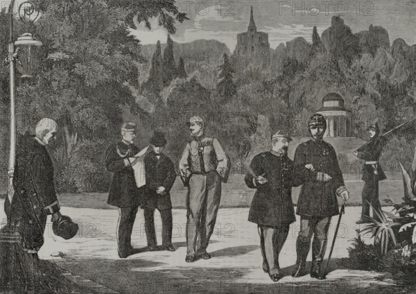 Napoleon III (1808-1873). President of the French Second Republic (1848-1852) and later Emperor of the French (1852-1870). Napoleon III at Wilhelmshohe Palace in the Prussian city of Kassel, his residence from 4 September 1870 after his defeat and capture at Sedan. From left to right: Ney, Dr Henri Conneau, General Murat, Napoleon III and General de Castelnau. Engraving by Capuz. ""Historia de la Guerra de Francia y Prusia"" (History of the War between France and Prussia). Volume I. Published in Barcelona, 1870.