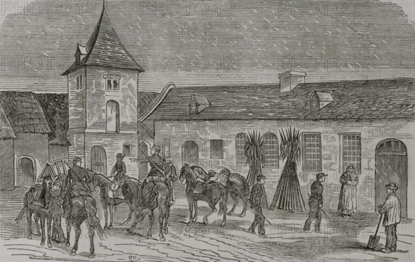Franco-Prussian War (1870-1871). French Army. General Faidherbe's headquarters at Boisleux. Engraving. ""Historia de la Guerra de Francia y Prusia"" (History of the War between France and Prussia). Volume I. Published in Barcelona, 1870.