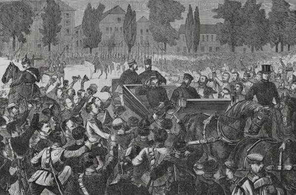 William I (1797-1888). King of Prussia (1861-1888) and Emperor of Germany (1871-1888). Arrival of King Wilhelm I of Prussia at Versailles. Drawing by Padro. Engraving by Capuz. ""Historia de la Guerra de Francia y Prusia"" (History of the War between France and Prussia). Volume I. Published in Barcelona, 1870.