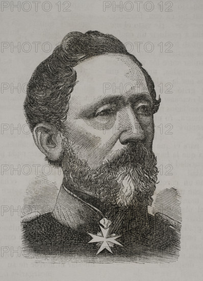 Leonhard von Blumenthal (Leonhard Graf von Blumenthal) (1810-1900). Prussian Field Marshal. Portrait. Engraving. ""Historia de la Guerra de Francia y Prusia"" (History of the War between France and Prussia). Volume I. Published in Barcelona, 1870.