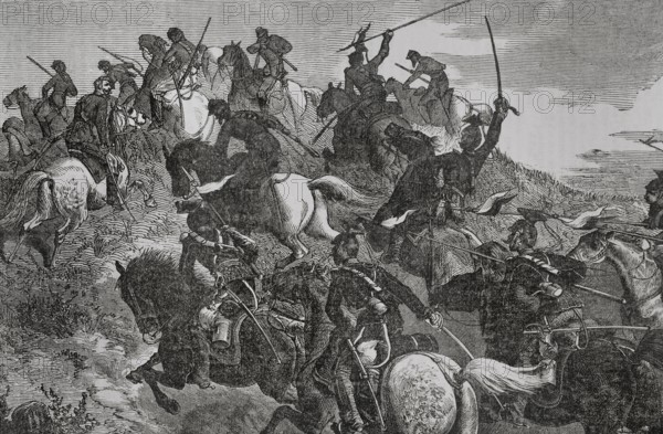 Franco-Prussian War (1870-1871). Engagement between Prussian army Uhlans and French Chasseurs d'Afrique. August 1870. Engraving. ""Historia de la Guerra de Francia y Prusia"" (History of the War between France and Prussia). Volume I. Published in Barcelona, 1870.