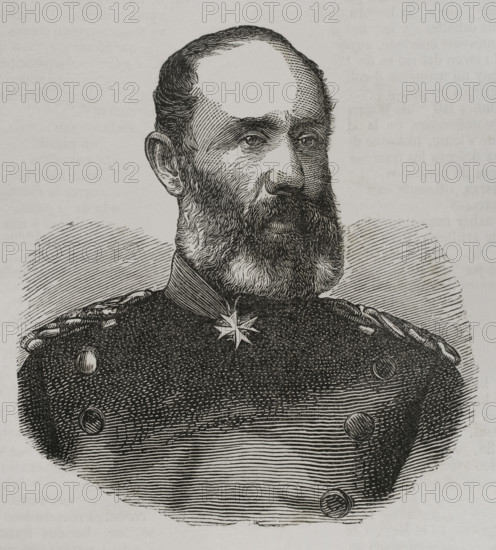 Ludwig von Wittich (Friedrich Wilhelm Ludwig von Wittich) (1818-1884). Prussian lieutenant general. Portrait. Engraving. ""Historia de la Guerra de Francia y Prusia"" (History of the War between France and Prussia). Volume I. Published in Barcelona, 1870.