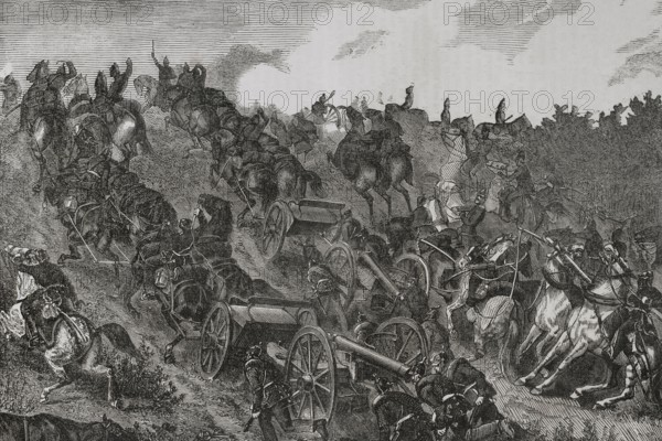 Franco-Prussian War (1870-1871). Prussian artillery engaging in combat. August 1870. Engraving. ""Historia de la Guerra de Francia y Prusia"" (History of the War between France and Prussia). Volume I. Published in Barcelona, 1870.