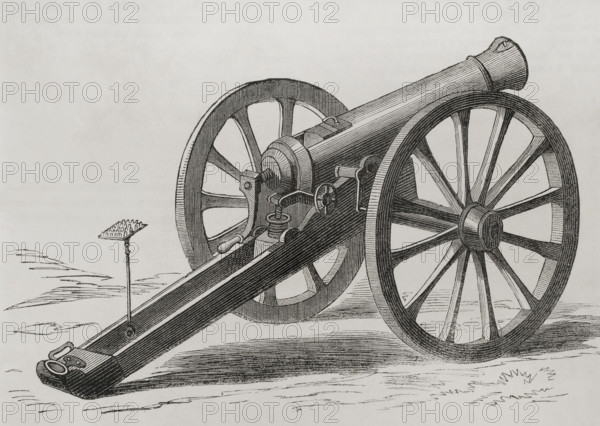 French Mitrailleuse. Back view. Engraving. ""Historia de la Guerra de Francia y Prusia"" (History of the War between France and Prussia). Volume I. Published in Barcelona, 1870.