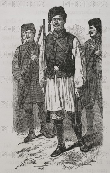 Russo-Turkish War (1877-1878). Serbian irregular troops. Engraving. ""La Guerra de Oriente"" (The Russo-Turkish War). Volume I. 1877.