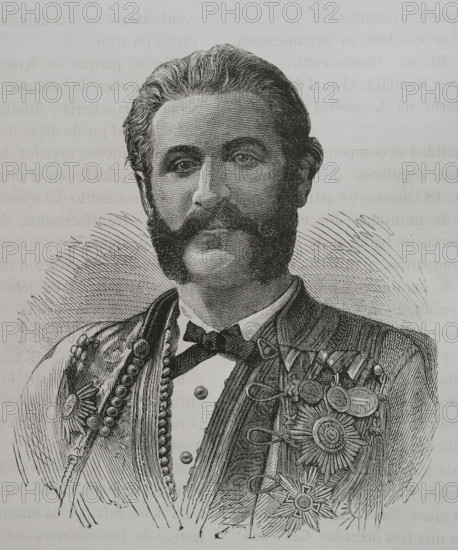Nicholas I Mirkov Petrovic-Njegos (1841-1921). Prince of Montenegro (1860-1910) and king (1910-1918). Portrait as prince. Engraving. ""La Guerra de Oriente"" (The Russo-Turkish War). Volume I. 1877.