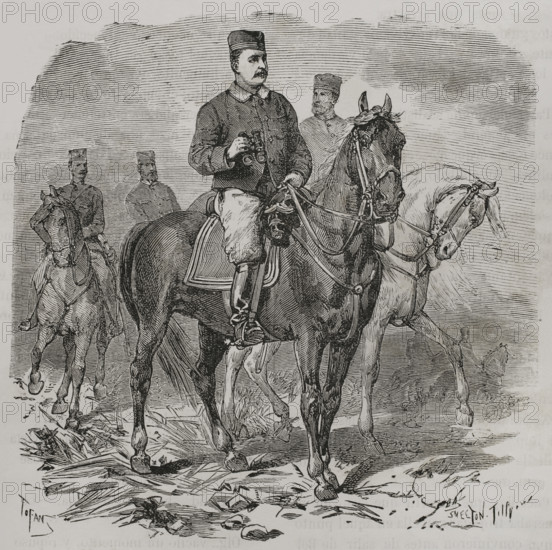 Milan I (1854-1901). Prince of Serbia, as Milan IV (1868-1882). King of Serbia as Milan I (1882-1889). Prince Milan witnessing the combat at Spovatz. Engraving by Smeeton Tilly. ""La Guerra de Oriente"" (The Russo-Turkish War). Volume I. 1877.