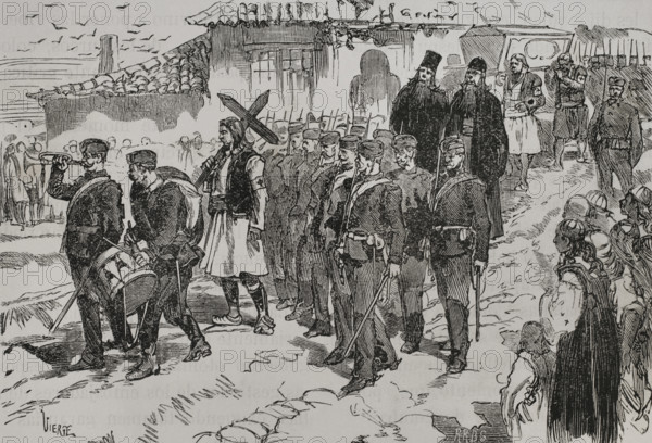 Russo-Turkish War (1877-1878). Burial of a Serbian volunteer. Engraving by Vierge. ""La Guerra de Oriente"" (The Russo-Turkish War). Volume I. 1877.