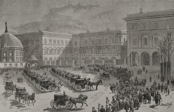Istanbul, Turkey. Ottoman Parliament Palace. Engraving by Charles Baude. ""La Guerra de Oriente"" (The Russo-Turkish War). Volume I. 1877.
