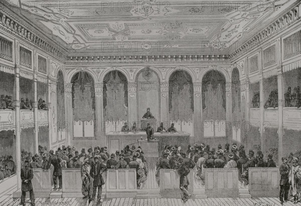 Istanbul, Turkey. A session of the Turkish Parliament. Engraving by Roch-Regnier. ""La Guerra de Oriente"" (The Russo-Turkish War). Volume I. 1877.