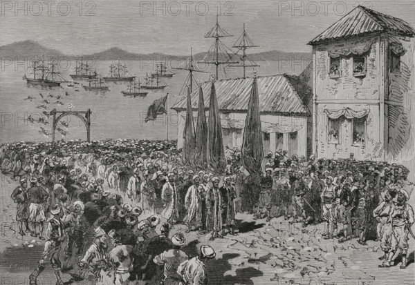 The Eastern Question. Landing of Softas in Thessaloniki (during Ottoman rule of the city). The Softas were religious students of Islam. Engraving by Meaulle. """"La Guerra de Oriente"" (The Russo-Turkish War). Volume I. 1877.