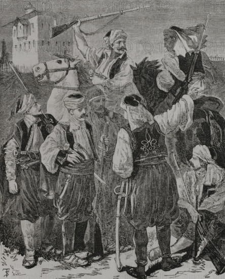 Russo-Turkish War (1877-1878). Ottoman irregular troops, the bashi-bazouk. Engraving. ""La Guerra de Oriente"" (The Russo-Turkish War). Volume I. 1877.