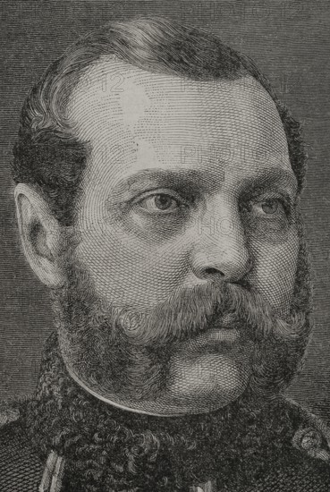 Alexander II of Russia (1818-1881). Czar of the Russian Empire (1855-1881). Portrait. Engraving. Detail. ""La Guerra de Oriente"" (The Russo-Turkish War). Volume I. 1877.