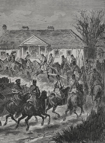 Russo-Turkish War (1877-1878). Russian Imperial Army. A Don Cossacks sotnia heading for Kischeneff. Engraving. Detail. ""La Guerra de Oriente"" (The Russo-Turkish War). Volume I. 1877.