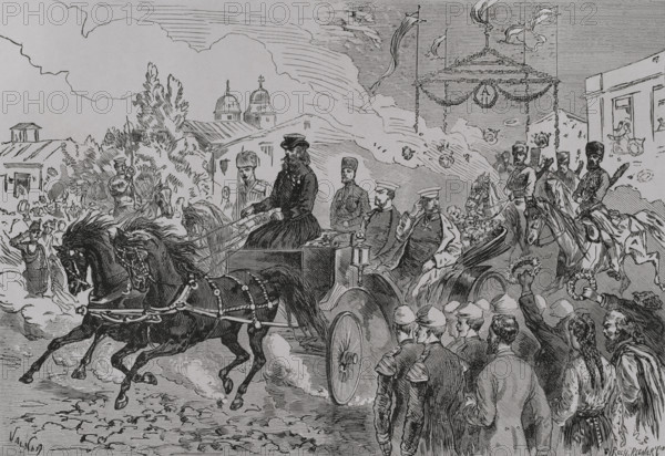 Russo-Turkish War (1877-1878). Entry of Tsar Alexander II of Russia (1818-1881) into Ploiesti (Romania). The Russian army corps cantoned at Kischeneff was the one that entered Romania for crossing the Danube. Engraving. ""La Guerra de Oriente"" (The Russo-Turkish War). Volume I. 1877.