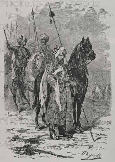 Russo-Turkish War (1877-1878). Kurdish cavalry of the Turkish army. Engraving by L. Chapon and Theophile Deyrolle. ""La Guerra de Oriente"" (The Russo-Turkish War). Volume I. 1877.