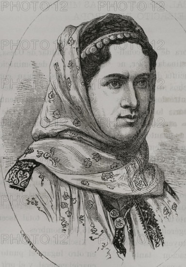 Elisabeth of Wied (Pauline Elisabeth Ottilie Luise) (1843-1916). Queen consort of Romania as the wife of King Carol I. She was a novelist under the pseudonym Carmen Sylva. Portrait as princess consort wearing traditional costume. Engraving. ""La Guerra de Oriente"" (The Russo-Turkish War). Volume I. 1877.
