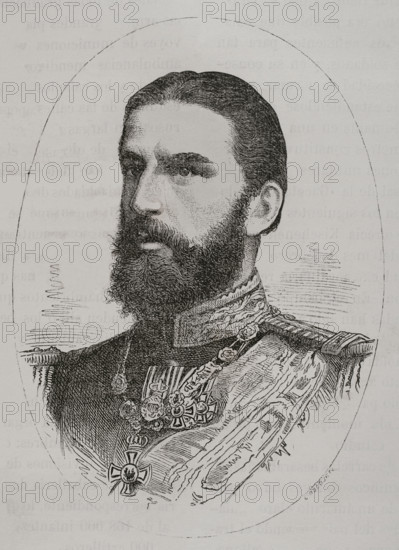 Carol I of Romania (1839-1914). German prince elected Domnitor or Prince of Romania (1866-1881) and King (1881-1914). Personally commanded the Romanian troops in the Russo-Turkish War (1877-1878). Portrait as prince. Engraving. ""La Guerra de Oriente"" (The Russo-Turkish War). Volume I. 1877.
