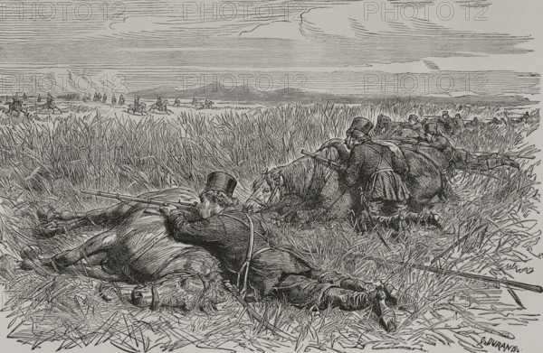 Russo-Turkish War (1877-1878). Cossack ambush. Engraving by Durand. ""La Guerra de Oriente"" (The Russo-Turkish War). Volume I. 1877.