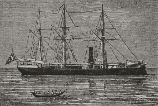 Russo-Turkish War (1877-1878). The Turkish gun-boat ""Lutffi-Djelil"", sunk by the Russian batteries near Braila (Romania). Engraving by A. Brun. ""La Guerra de Oriente"" (The Russo-Turkish War). Volume I. 1877.