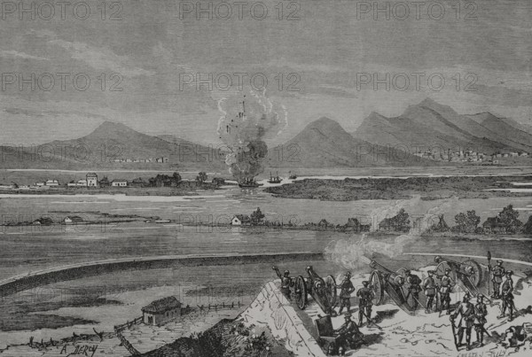 Russo-Turkish War (1877-1878). Blowing up of the Turkish gun-boat ""Lutfi Djelil"", as seen from the Russian battery at Braila (Romania). Engraving by Smeeton Tilly. ""La Guerra de Oriente"" (The Russo-Turkish War). Volume I. 1877.