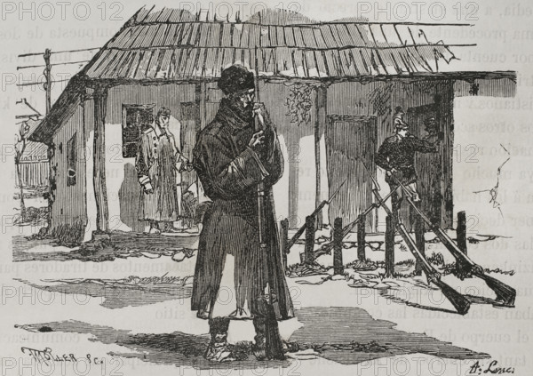 Russo-Turkish War (1877-1878). On 24 April 1877 Russia declared war on the Ottoman Empire and its troops crossed Romanian territory. Russian soldiers' post on the left bank of the Danube. Engraving by Moller. ""La Guerra de Oriente"" (The Russo-Turkish War). Volume I. 1877.