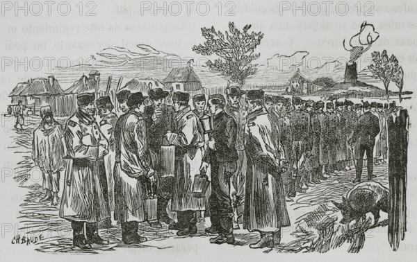 Russo-Turkish War (1877-1878). Distribution of slivovitz (plum spirit) to Romanian infantry hunters. Engraving by Charles Baude. ""La Guerra de Oriente"" (The Russo-Turkish War). Volume I. 1877.