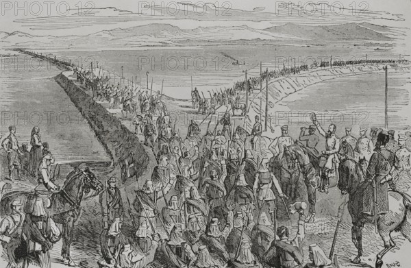 Russo-Turkish War (1877-1878). Bridge over the Danube River built by the Russians at Braila (Romania). Engraving. ""La Guerra de Oriente"" (The Russo-Turkish War). Volume I. 1877.