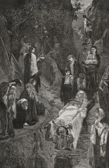 Russo-Turkish War (1877-1878). Transport of a mortally wounded Montenegrin leader. Montenegro was allied with the Russian Empire and Serbia during the conflict. Engraving by Moller. ""La Guerra de Oriente"" (The Russo-Turkish War). Volume I. 1877.