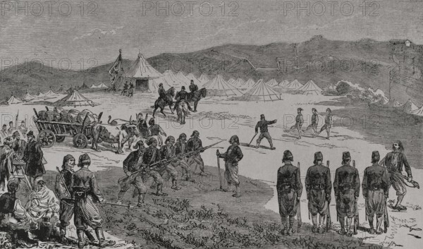 Russo-Turkish War (1877-1878). Volunteers' camp on the heights of Constantinople. Engraving. ""La Guerra de Oriente"" (The Russo-Turkish War). Volume I. 1877.