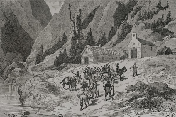 Russo-Turkish War (1877-1878). Mirditor chiefs inspecting mountain cottages. Engraving by Charles Baude. ""La Guerra de Oriente"" (The Russo-Turkish War). Volume I. 1877.