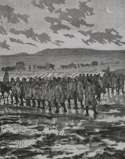 Russo-Turkish War (1877-1878). Turkish infantry column crossing the Dobrutscha swamps. Engraving by Vierge. Detail. ""La Guerra de Oriente"" (The Russo-Turkish War). Volume I. 1877.