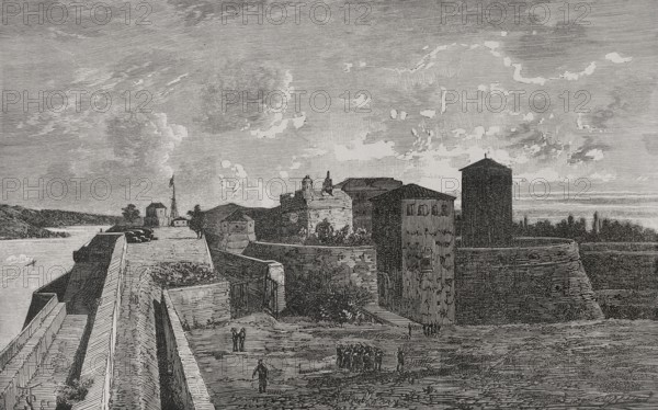 Vidin, Bulgaria. Baba Vida Fortress. Engraving. ""La Guerra de Oriente"" (The Russo-Turkish War). Volume I. 1877.