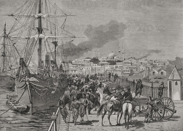 Russo-Turkish War (1877-1878). Embarkation of artillery on the Turkish ship Medjidie. Engraving by A. Brun. ""La Guerra de Oriente"" (The Russo-Turkish War). Volume I. 1877.