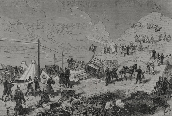Russo-Turkish War (1877-1878). Balkan Pass. Taking of the St. Nicholas redoubt by the Russian Army. Engraving by Valnay. ""La Guerra de Oriente"" (The Russo-Turkish War). Volume I. 1877.