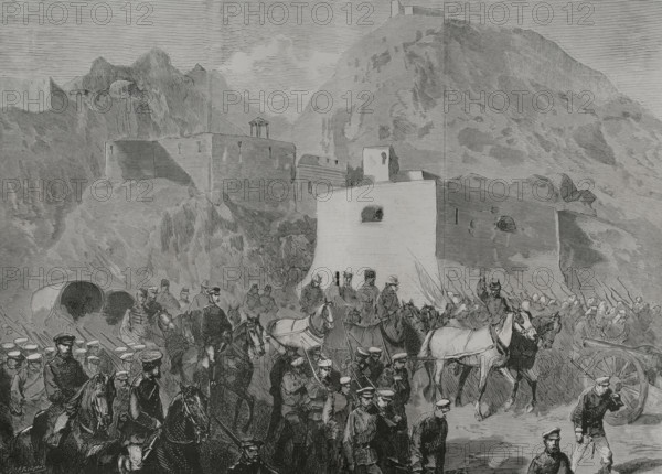Russo-Turkish War (1877-1878). The Russian garrison at Bayezid on their way to meet the Ottoman field marshal Ahmed Muhtar Pasha (1839-1919). Engraving. ""La Guerra de Oriente"" (The Russo-Turkish War). Volume I. 1877.