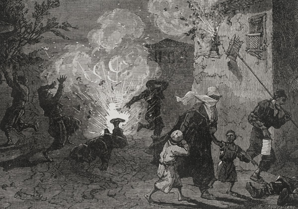 Russo-Turkish War (1877-1878). Bombing of the Bulgarian town of Roustchouk (now Ruse) by the Romanian army. Engraving. ""La Guerra de Oriente"" (The Russo-Turkish War). Volume I. 1877.