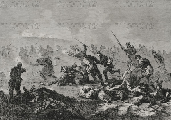 Russo-Turkish War (1877-1878). Russian troops, led by Major General Belokopytof, fought against the Ottoman army of Osman Pasha (1832-1900). Attack against the Grivitsa Redoubt, 11 September 1877. Engraving. ""La Guerra de Oriente"". Volume I. 1877.