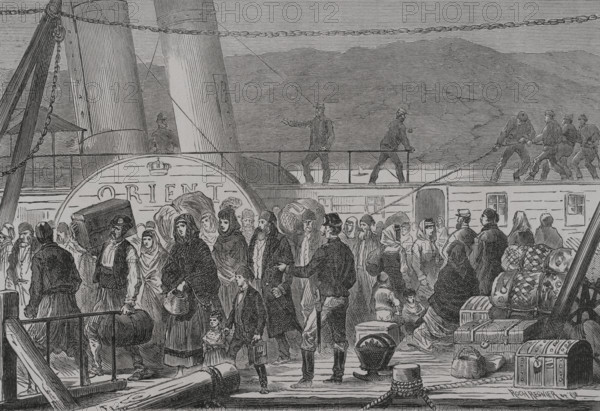 Russo-Turkish War (1877-1878). Danube River. Landing in Baziarch of Jewish families fleeing Rustchuck and Widdin. Engraving by Roch Regnier et Cie. ""La Guerra de Oriente"" (The Russo-Turkish War). Volume I. 1877.