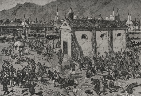 Russo-Turkish War (1877-1878). Yeni-Zaghra. Slaughter of Bulgarians executed by the Turks on 15 July 1877. Engraving. ""La Guerra de Oriente"" (The Russo-Turkish War). Volume I. 1877.
