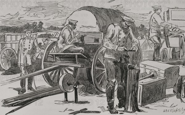 Russo-Turkish War (1877-1878). Russian camp. Field military workshop of the 9th Corps. Engraving by Smeeton Tilly. ""La Guerra de Oriente"" (The Russo-Turkish War). Volume I. 1877.
