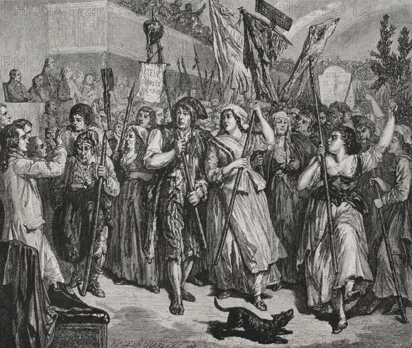 French Revolution. Paris. Demonstration of 20 June 1792. Sans-culottes armed with pikes invading the Legislative Assembly. Drawing by Hippolyte de la Charlerie. Engraving by Blanpain. ""History of the French Revolution"". Volume I, 1876.