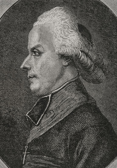 Antoine-Adrien Lamourette (1742-1794). French priest and politician. During the French Revolution he accepted the law on the Civil Constitution of the Clergy (Constitution civile du clerge), voted by the Constituent Assembly on 12 July 1790, by which the French Catholic Church became a public service, without dependence on the authority of the Pope of Rome. Lamourette became the first constitutional bishop, being bishop of department Rhine-et-Loire (Lyon). Portrait. Drawing by Lienard. Engraving by Pannemaker. ""History of the French Revolution"". Volume I, 1876.