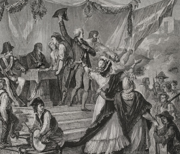 The National Assembly declared ""La Patrie en danger"" (The Homeland in danger) after the session of 11 July 1792. It was the response to the intention of the European absolute monarchies, mainly Prussia and Austria, to end the French Revolution. Enlistment of volunteers. Drawing by Hippolyte de la Charlerie. Engraving by Jonnard. ""History of the French Revolution"". Volume I, 1876.